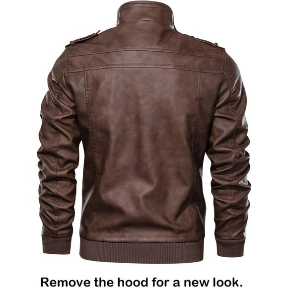 🆕 Men Brown Faux Leather Zipper Motorcycle Bomber Jacket Stand Collar PU Hood - Picture 6 of 7